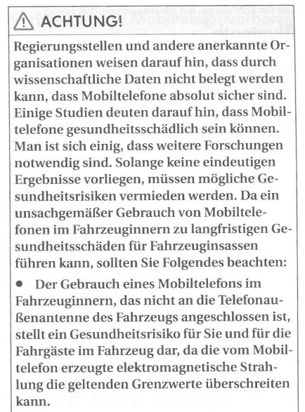 Händistrahlenwarnung aus einer VW-Betriebsanleitung