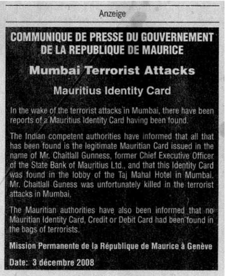 Mauritius Identity Card NZZ 2008-12-09
