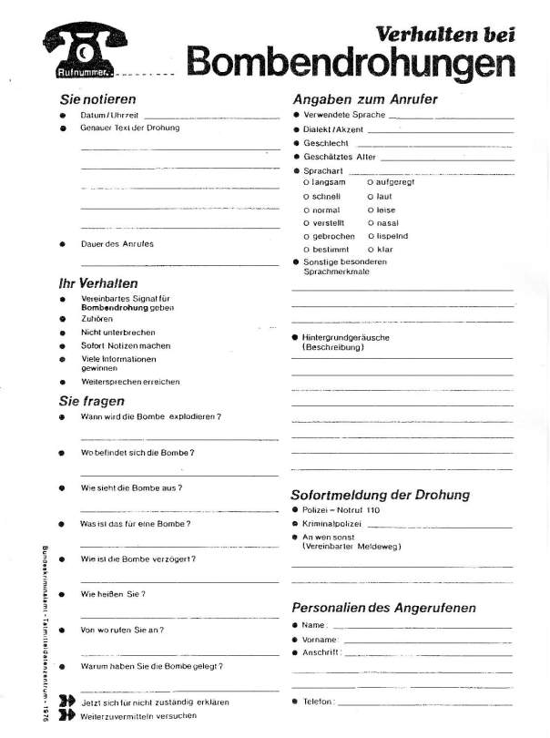 Formblatt: Verhalten bei Bombendrohung