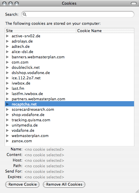 Firefox-Einstellungen mit den Cookies, die ein Besuch auf last.fm dort hinterlassen hat