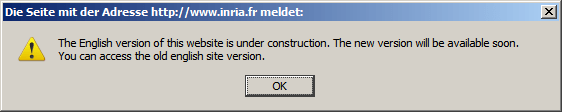 popup-inria-english Popup-Fenster von inria.fr mit dem Hinweis, die englische Version der Site sei gerade under construction