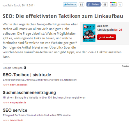 Screenshot: SEO-Artikel auf t3n mit SEO-Werbung