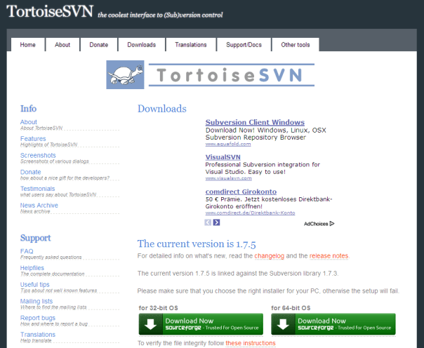 Screenshot von http://tortoisesvn.net/downloads.html mit Google-Werbung