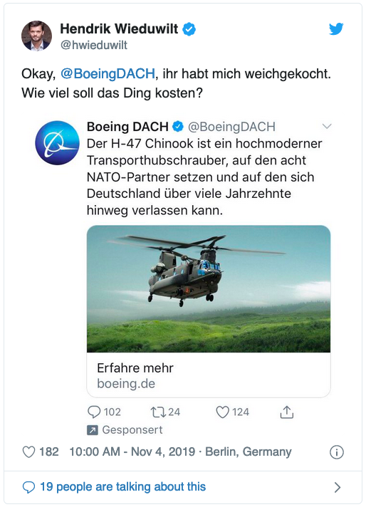 Belustigter Tweet über Twitter-Werbung für militärische Transporthubschrauber