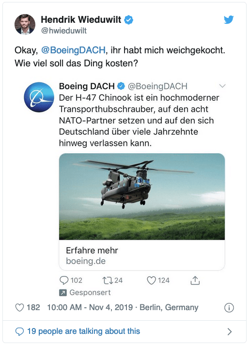 Belustigter Tweet über Twitter-Werbung für militärische Transporthubschrauber